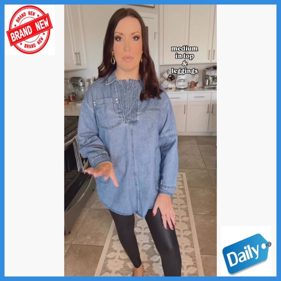 Denim Pullover Blouse Loose Fit Long Sleeve V Neck Button Front Pocket - Picture 5 of 7